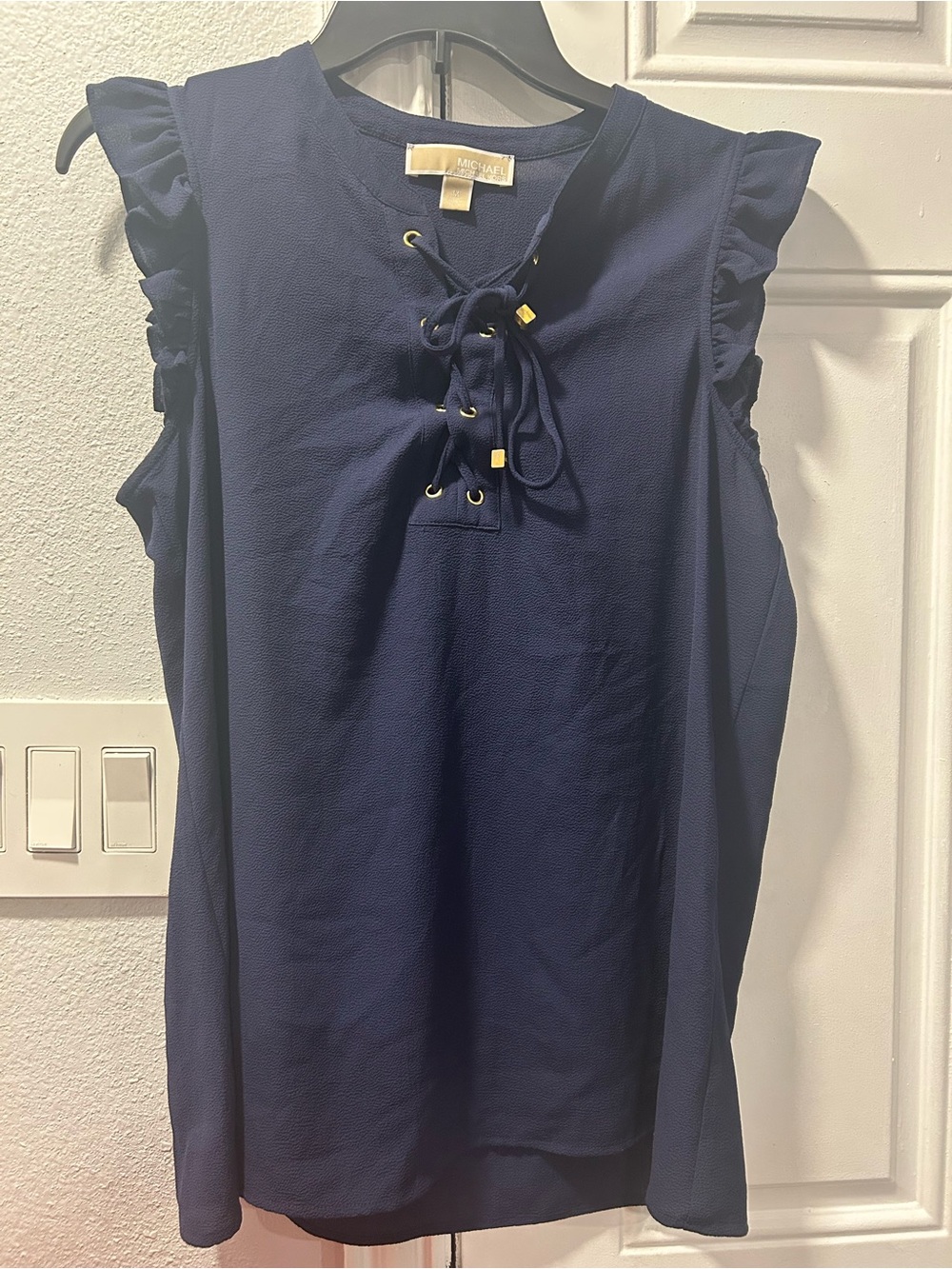 Michael Kors Navy Ruffle Lace-Up Sleeveless Blouse